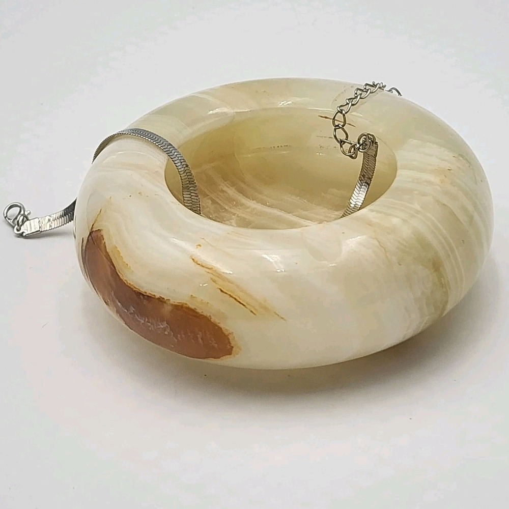 Vintage Onyx Marble‎ Ashtray Small Round Carved Light Natural Stone 4" Pakistan